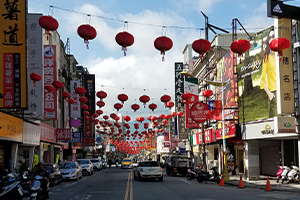 Street in Taiwan with red lanterns overhead